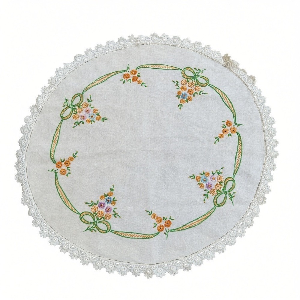 Vintage Round Embroidered Dresser Side Table Doily Green Orange Flowers Cottage